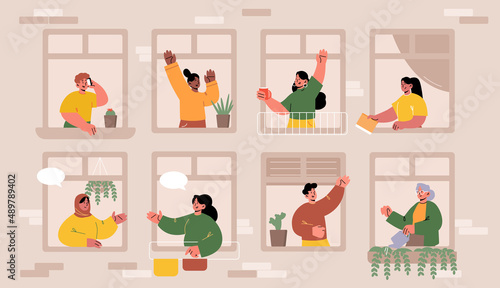 Different people in house windows. Concept of good neighbors, positive neighborhood community. Vector flat illustration of girls talking together, elderly woman watering plants, boy use phone