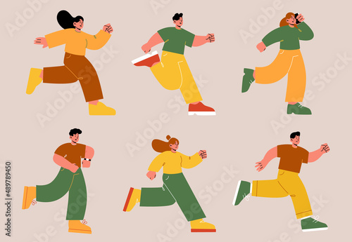 People run, hurry to work or sale, afraid to be late. Vector flat illustration of men and women fast running, rush, look at watch, excited and worry about urgent business