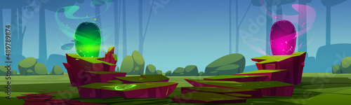 Forest with two magic portals on glade. Vector cartoon fantasy illustration, game background of summer woods landscape with trees, bushes and mystery gates with pink and green glow