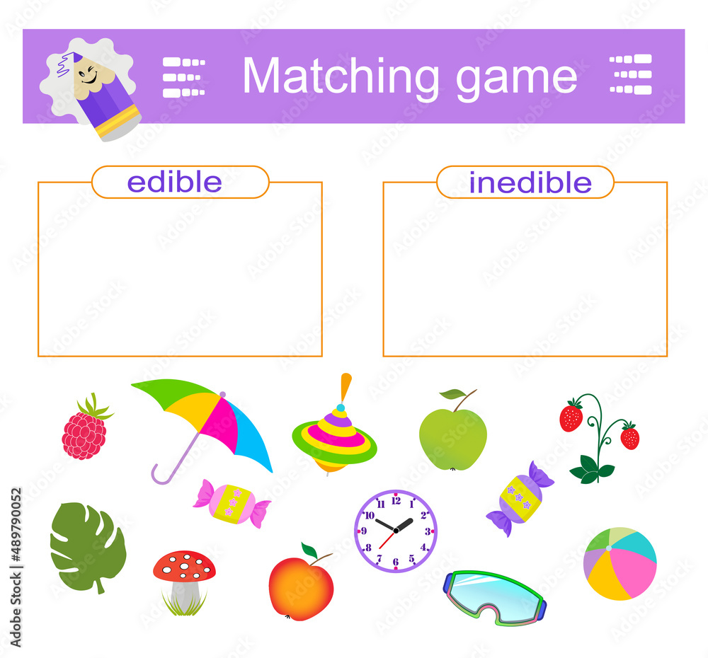 Edible and inedible. A game for children. Preschool worksheet activity. Printable worksheet