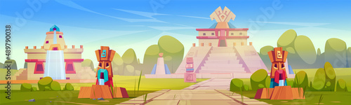 Aztec city with pyramids and statues, mayan travel landmark with stone monuments on green field. Temple of Kukulkan or El Castillo Pyramid in Chichen Itza scenic landscape, Cartoon vector illustration