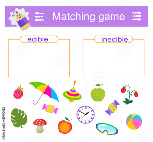 Edible and inedible. A game for children. Preschool worksheet activity. Printable worksheet