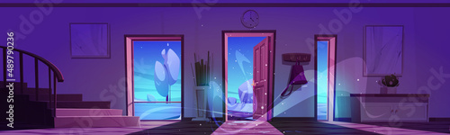 House hallway interior with winter landscape through open doors. Home entrance with stairs, furniture and snow on wooden floor. Apartment background with doorways on street Cartoon vector illustration