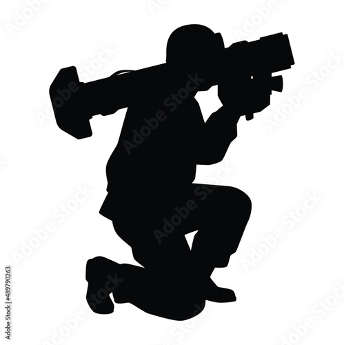Soldier with anti tank missile silhouette vector illustration, military man in the battle.