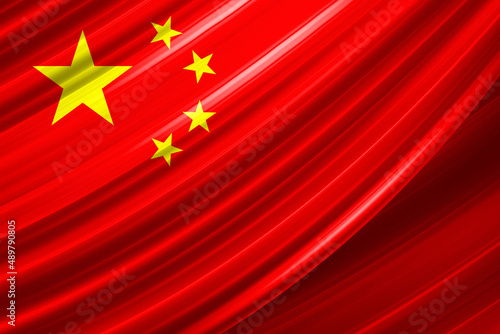 China flag design using its red color and yellow stars in a 3D waving style. Used as a background or a poster to represent a patriotic symbol of the country or for the Chinese national day event.