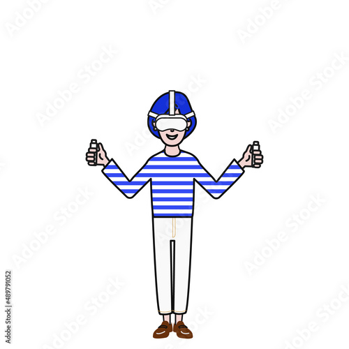 笑顔でVRゴーグルとコントローラーを持つ人