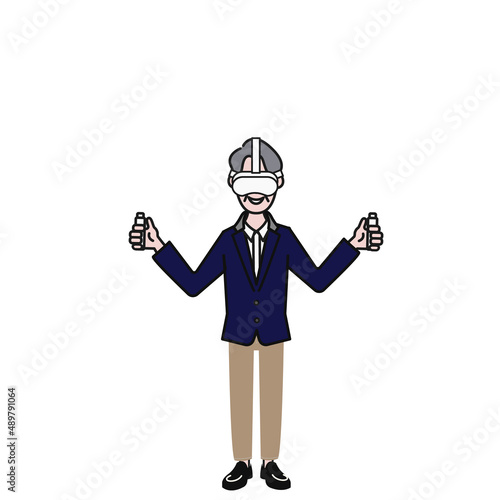 笑顔でVRゴーグルとコントローラーを持つ人