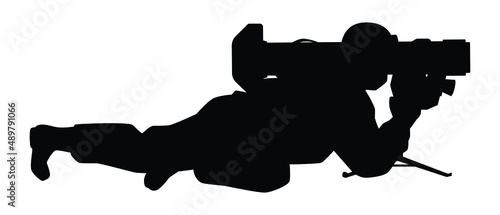 Soldier with anti tank missile silhouette vector illustration, military man in the battle.