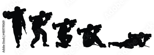 Set of soldiers with anti tank missile silhouette vector illustration, military man in the battle.