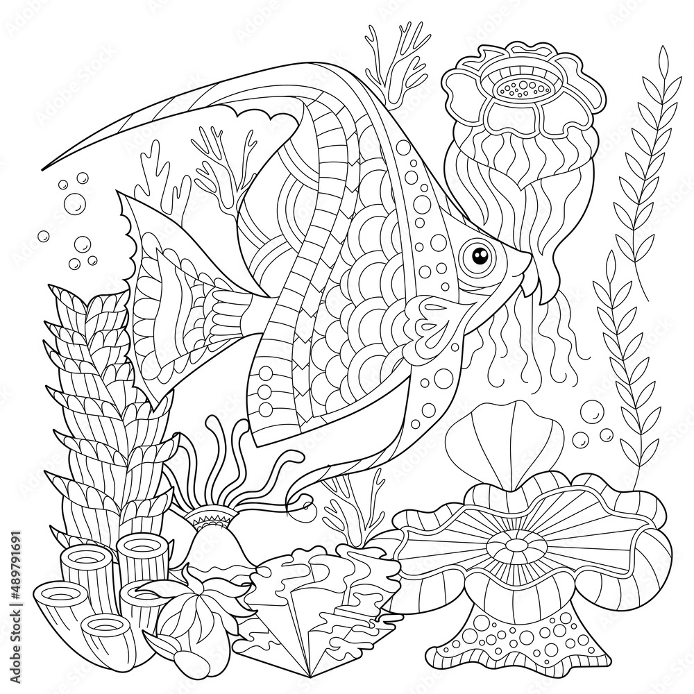 Contour linear illustration. Fish, seaweeds and ocean corals for coloring book. Cute objects, anti stress picture. Line art design for adult or kids in zentangle style and coloring page. Contour linear illustration. Fish, seaweeds and ocean corals for coloring book. Cute objects, anti stress picture. Line art design for adult or kids in zentangle style and coloring page.