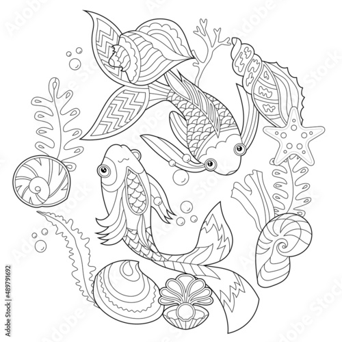 Contour linear illustration. Fish, seaweeds and ocean corals for coloring book. Cute objects, anti stress picture. Line art design for adult or kids in zentangle style and coloring page.