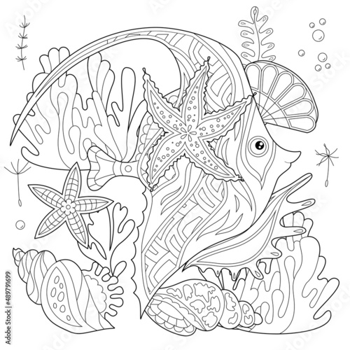 Contour linear illustration. Fish, seaweeds and ocean corals for coloring book. Cute objects, anti stress picture. Line art design for adult or kids in zentangle style and coloring page.