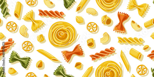 Various pasta seamless pattern. Macaroni background. For decoration of restaurant menu Italian cuisine packaging. Vector cartoon illustration.