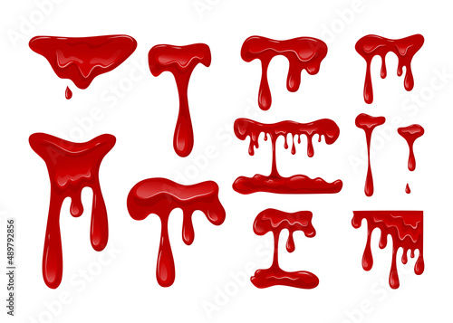 Dripping blood set on a white background. Flowing red liquid, red viscous slime. Vector cartoon illustration
