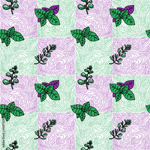 Seamless pattern of herbs, drawn element in doodle style. Herbs and spices - basil, melissa and rosemary on an abstract background. Pattern in a trendy linear style and green.