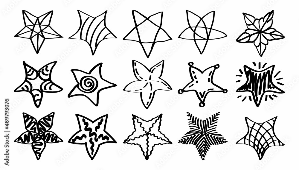 A set of colorful cute stars and smooth lines. Objects of different shapes, sizes, and patterns. Hand-drawn elements. Doodle style vector.
