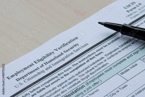 Closeup of Form I-9, Employment Eligibility Verification, issued by the U.S. Citizenship and Immigration Services, an agency of the Department of Homeland Security.