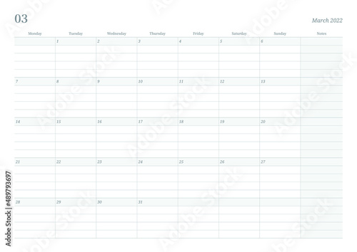 March 2022 simple design digital and printable calendar template illustration. Notes, scheduler, diary, calendar, memo, planner document template background. 