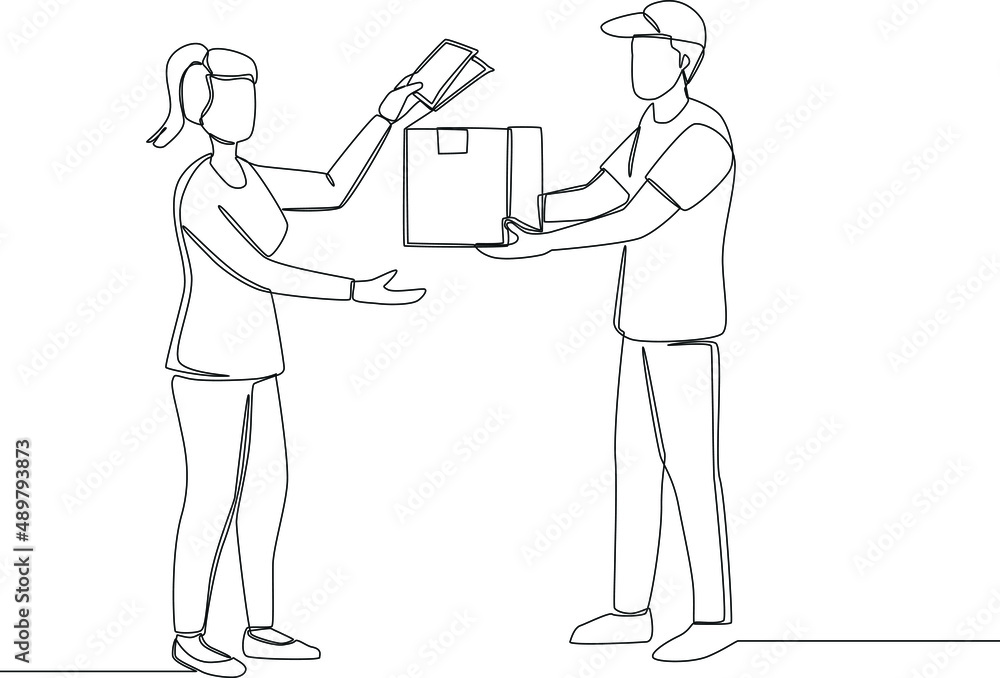 A transaction in the process of spending. Simple continuous line drawing illustration of trading company. Vector illustration.