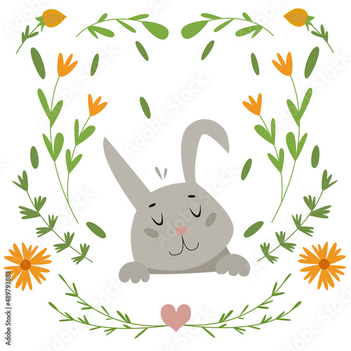 Cute cartoon Easter bunny with Easter egg. Funny rabbit characters on floral background. Happy Easter concept. Cartoon vector Illustration.