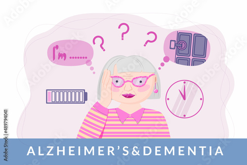The concept of Alzheimer's disease. Nice elderly woman with stress, anxiety, and memory problems. Woman holding her head. Flat style vector illustration.