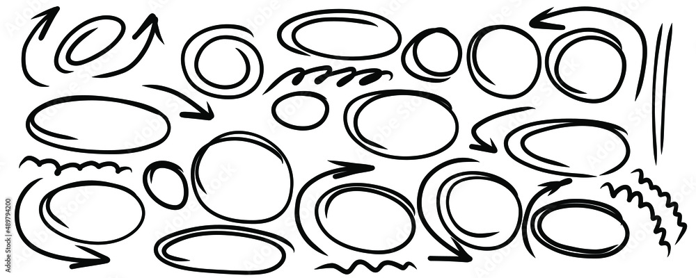 Highlight oval frames, arrows, curve underline. Hand drawn scribble circle set. Doodle ovals and ellipses line template. Stock vector illustration isolated on white background. Highlight oval frames, arrows, curve underline. Hand drawn scribble circle set. Doodle ovals and ellipses line template. Stock vector illustration isolated on white background.