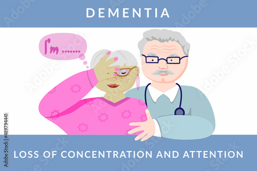 The concept of Alzheimer's disease. Nice elderly woman with stress, anxiety, and memory problems. Woman holding her head. Flat style vector illustration.