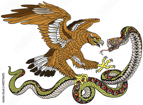 Eagle fighting with a snake serpent. Tattoo style vector illustration
