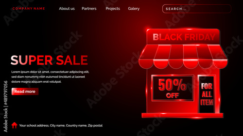 Black friday. landing page with technology hologram style in dark background