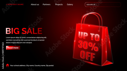 Big sale landing page with technology hologram style in dark background