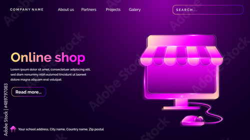 Online shop landing page with technology hologram style in dark background