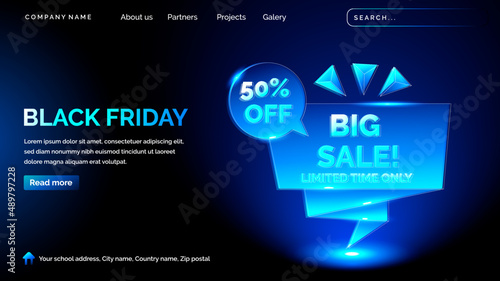 Black friday landing page with technology hologram style in dark background