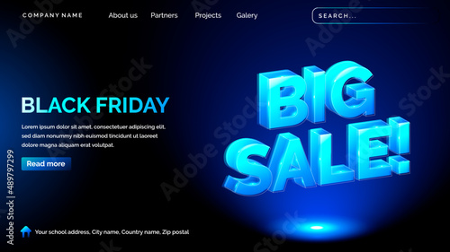 Black friday landing page with technology hologram style in dark background