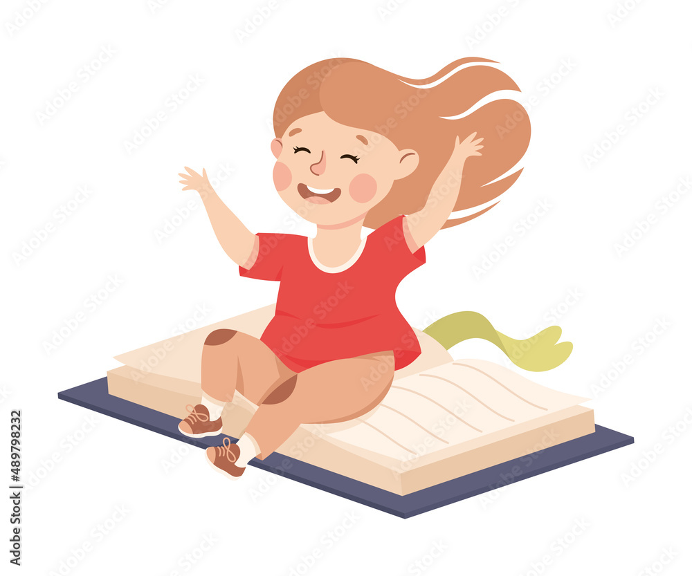 Little Girl Flying on Book Ready to Study Vector Illustration Little Girl Flying on Book Ready to Study Vector Illustration