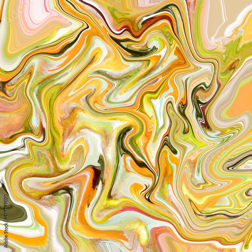 Abstract geometric wavy pattern with random swirl shapes in yellow, green and orange Swirl painting effect