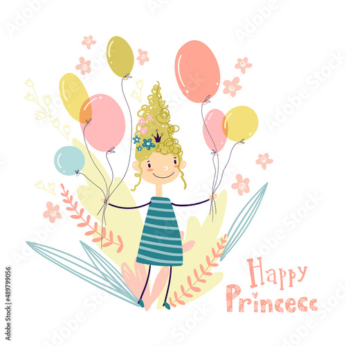 Little cute princess with balloons, pastel colors greeting card.