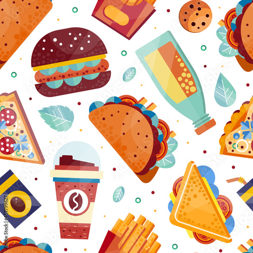 Fresh Fast Food and Drink Vector Seamless Pattern Template
