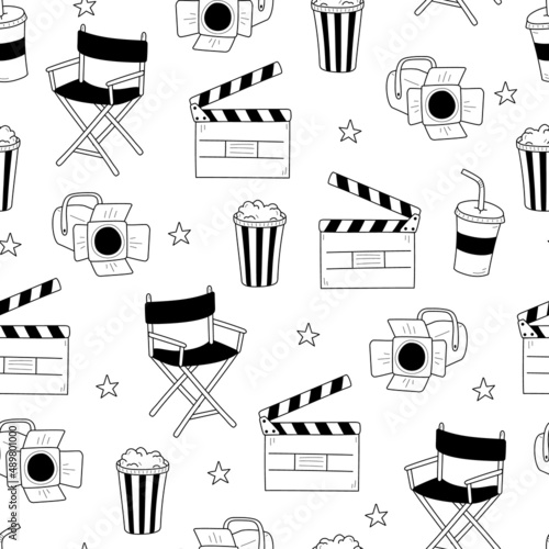 Movie, cinema vector pattern. Doodle hand drawn sketch style movie seamless pattern. Cinema elements for media production, festival, theater background. Vector illustration.