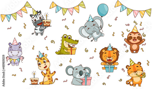Set kids tropical animals celebrate holiday. Hippo, lion, elephant, giraffe, crocodile, zebra, sloth, tiger, koala. Vector illustration for designs, prints, patterns. Isolated on white background
