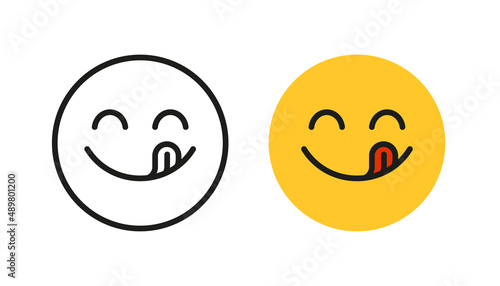 Yummy smile emoji with tongue lick mouth. Delicious tasty food symbol for social network. Yummy and hungry icon. Savory gourmet. Enjoy food sign. Vector illustration isolated on white background.