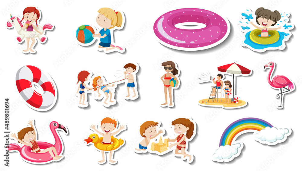 Set of summer beach items and children