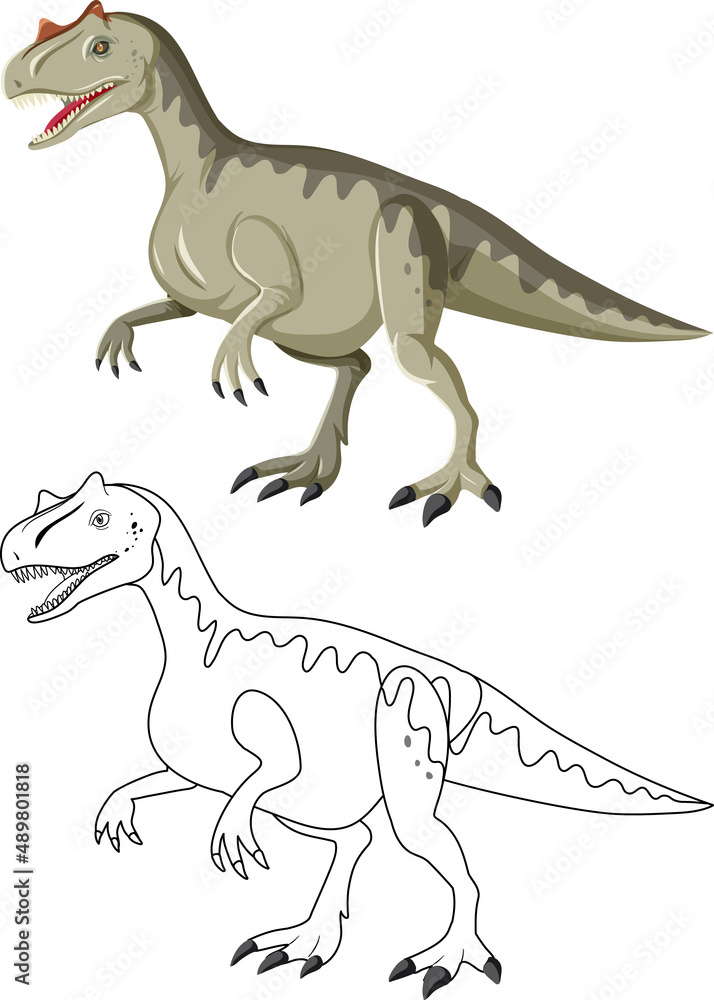 Fototapeta premium Allosaurus dinosaur with its doodle outline on white background