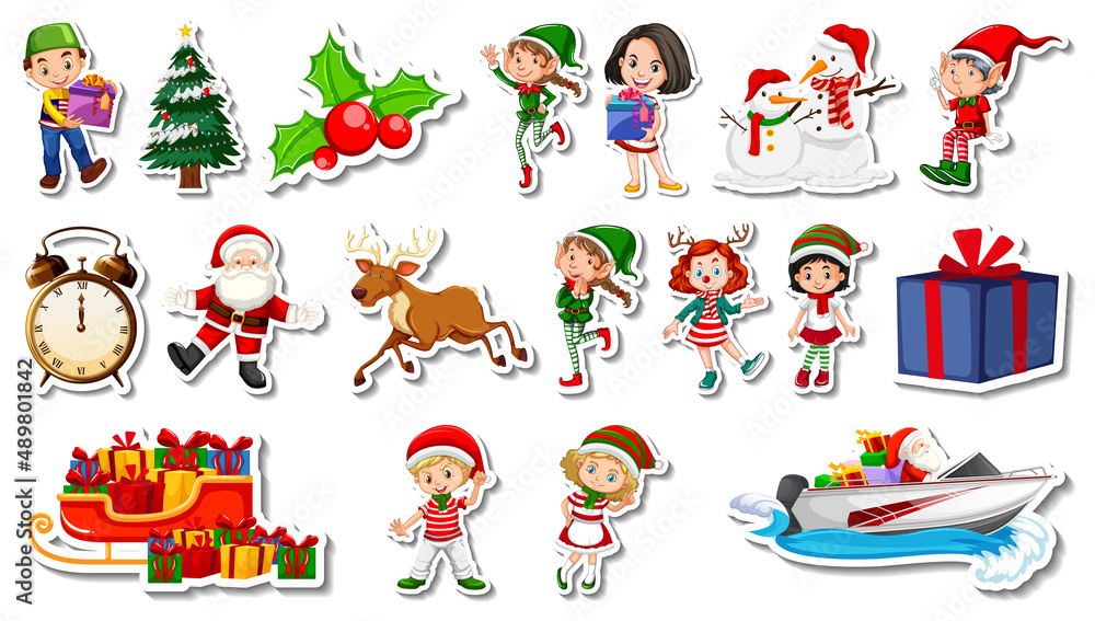 Fototapeta premium Set of Christmas objects and cartoon characters
