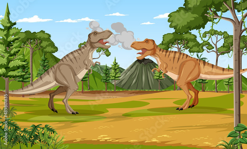 Dinosaur in prehistoric forest scene