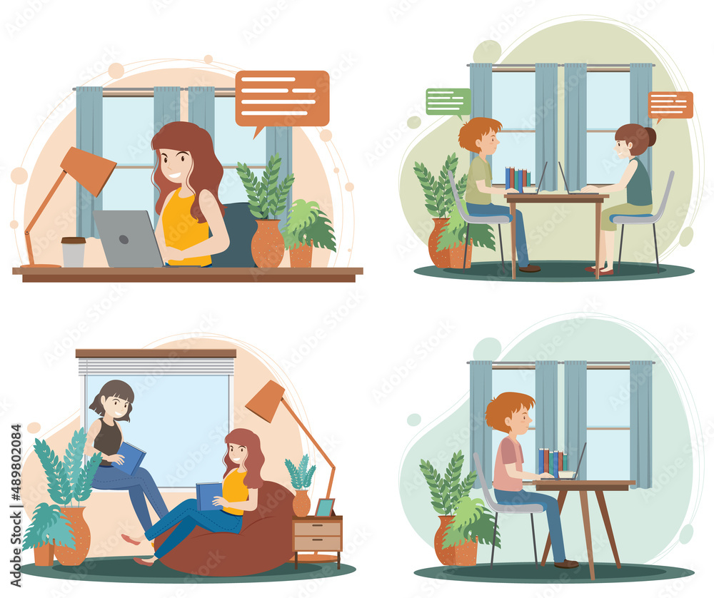 Four scenes with people working from home Four scenes with people working from home