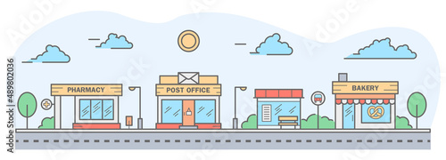 City skyline. Landscape with row houses of bakery, pharmacy, bus stop and post office. Street horizontal panorama. Vector illustration