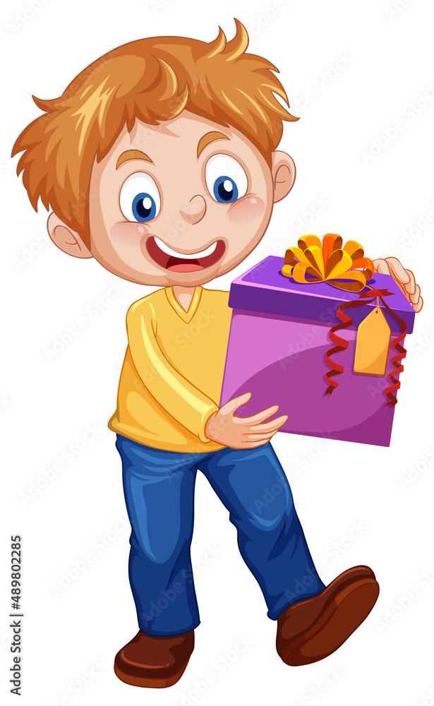 A boy holding a gift box cartoon character on white background A boy holding a gift box cartoon character on white background