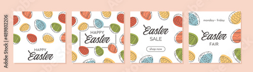 Happy Easter set of sale banners, greeting cards, posters, holiday covers or social media post. Trendy Easter square abstract templates. Modern art in minimalist style. Vector illustration.