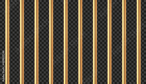 Gold prison bars on black transparency. Golden cage concept. Realistic jail cage. Prison fence. Metal rods. Criminal grid background. Vector pattern. Illustration isolated on transparent background.