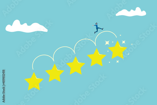 Businessman jumping to get best rating and evaluation. Business concept vector illustration